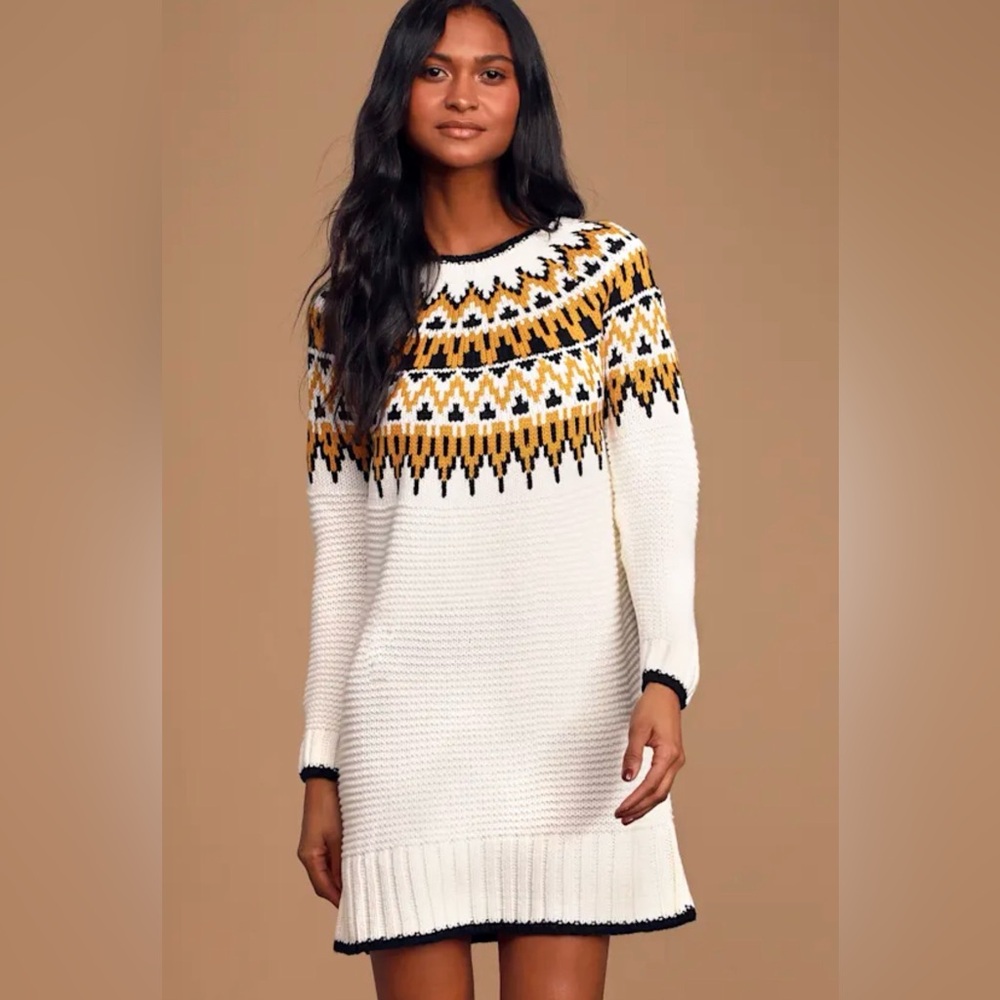MINKPINK Imogen White Multi Fair Isle Knit Sweater Dress, Size M